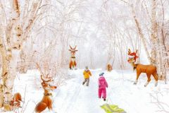 Children and Santa's Reindeer in a snowy forest.