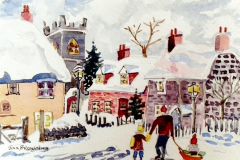 An adult walking holding one child's hand and pulling another on sled in a snow-covered village
