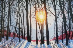 A painting of the sun seen through a line of bare trees in the snow.