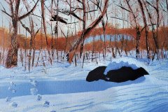 A painting of footprints in the snow in a field