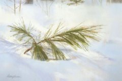A painting of a pine branch in the snow