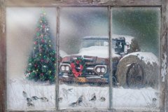 A painting of looking through a window at an old truck with a wreath beside a Christmas tree
