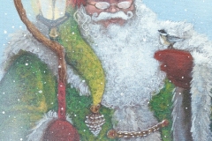 A picutre of a Santaclau in a green coat holding a staff and lantern in one hand with a small bird sitting on the other.