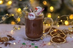 A photo of a holiday mugh of hot chocolate with snowman marshmellows in it and a background with Christmas lights.